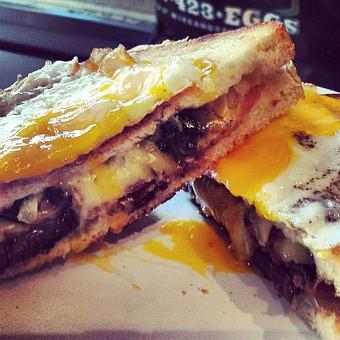 Product: Gruyere, Mushroom, Caramelized Onions and Over Easy Egg Sandwich - Mike & Patty's Special - Mike & Patty's in Boston, MA Diner Restaurants