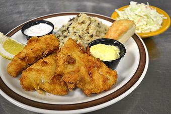 Product: Choose beer battered or baked Icelandic Cod. - Moosejaw Pizza in The Waterpark Capital of the World in Wisconsin Dells! - Wisconsin Dells, WI American Restaurants Product: Choose beer battered or baked Icelandic Cod. - Moosejaw Pizza in The Waterpark Capital of the World in Wisconsin Dells! - Wisconsin Dells, WI American Restaurants
