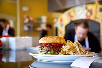 Product: Seasonally inspired menu with daily specials. Pictured: OneSpeed Burger. - Onespeed in Sacramento, CA Pizza Restaurant