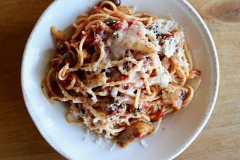 Product: Seasonally inspired menu with daily specials. Pictured: Spaghetti Campagnola. - Onespeed in Sacramento, CA Pizza Restaurant