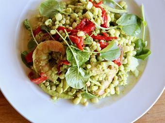 Product: Seasonally inspired menu with daily specials. Pictured: Poached Shrimp, Corn & Fregola Salad. - Onespeed in Sacramento, CA Pizza Restaurant