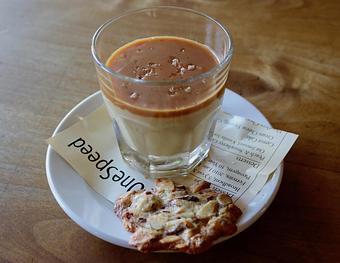Product: Seasonally inspired menu with daily specials. Pictured: Butterscotch Budino with Caramel, Sea Salt & Brown Butter Almond Cookie - Onespeed in Sacramento, CA Pizza Restaurant