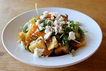 Product: Seasonally inspired menu with daily specials. Pictured: Winter Panzanella with Toasted Focaccia, Roasted Squash, Oyster Mushrooms, Griddled Onions, Ricotta Salata, Apple Cider Vinaigrette - Onespeed in Sacramento, CA Pizza Restaurant