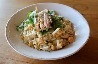 Product: Seasonally inspired menu with daily specials. Pictured: Orzo Pasta with Roasted Squash, Turnips, Fennel, Cauliflower Cream, Watercress. Pork Belly Optional. - Onespeed in Sacramento, CA Pizza Restaurant