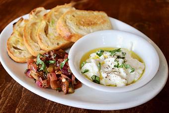 Product: Bruschetta with Toasted Focaccia, Eggplant Caponata, Burrata, Basil, Balsamico - Onespeed in Sacramento, CA Pizza Restaurant