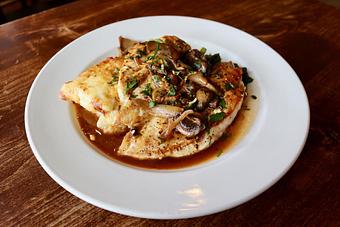 Product: Grilled Mary's Chicken Breast with Potato Gratin, Garlicky Rabe, Mushroom Ragout, Rosemary Jus - Onespeed in Sacramento, CA Pizza Restaurant