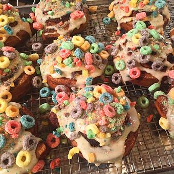 Product: Vegan Cinnamon Buns Topped with fruit loops - Organic Grill in East Village - New York, NY Vegetarian Restaurants