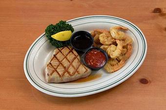 Product: Bourbon Grilled Ahi Tuna & Fried Shrimp - Original Oyster House Boardwalk in Gulf Shores, AL Seafood Restaurants