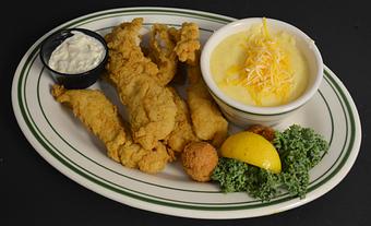 Product: Southern Fried Flounder and Grits - Original Oyster House Boardwalk in Gulf Shores, AL Seafood Restaurants