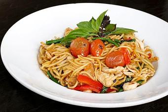 Product: Stir-fried with tomatoes, mushrooms, basil, onion, fresh chili, bamboo shoots, bell pepper, garlic & Chinese broccoli. - Osha Thai Noodle Cafe in Tenderloin - San Francisco, CA Thai Restaurants Product: Stir-fried with tomatoes, mushrooms, basil, onion, fresh chili, bamboo shoots, bell pepper, garlic & Chinese broccoli. - Osha Thai Noodle Cafe in Tenderloin - San Francisco, CA Thai Restaurants