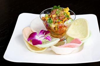 Product: Ahi tuna with mango, cilantro & garlic chips with Sriracha sesame sauce - Osha Thai Noodle Cafe in Tenderloin - San Francisco, CA Thai Restaurants Product: Ahi tuna with mango, cilantro & garlic chips with Sriracha sesame sauce - Osha Thai Noodle Cafe in Tenderloin - San Francisco, CA Thai Restaurants