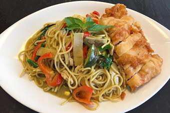 Product: fresh green chili paste, coconut milk, Thai eggplant, bell peppers, basil, and bamboo shoots over spaghetti noodles - Osha Thai Noodle Cafe in Tenderloin - San Francisco, CA Thai Restaurants Product: fresh green chili paste, coconut milk, Thai eggplant, bell peppers, basil, and bamboo shoots over spaghetti noodles - Osha Thai Noodle Cafe in Tenderloin - San Francisco, CA Thai Restaurants