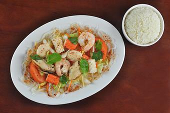 Product: Spicy Seafood salad with glass noodles, fish, prawns, imitation crab, squid and mussels - Pacific Thai Santa Cruz in Downtown Santa Cruz - Santa Cruz, CA Thai Restaurants