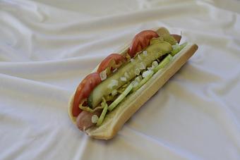 Product: Mustard, Relish, Onions, Tomatoes, Peppers, Cucumbers, Pickle with Celery Salt. - Parker's Hot Dogs Of Santa Cruz in Roseville, CA American Restaurants