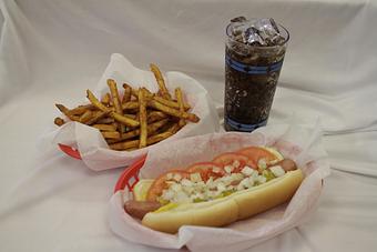 Product: Our Regular Dog; with tomatoes, onions, mustard, relish.  Shown with our seasoned fries. - Parker's Hot Dogs Of Santa Cruz in Roseville, CA American Restaurants