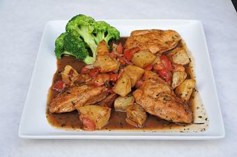 Product: Chicken breast pan seared and served in a reduced balsamic sauce with fresh tomato and rosemary served with roasted potatoes and steamed broccoli - Pasta D'arte Trattoria Italiana in Chicago, IL Italian Restaurants