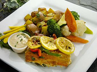 Product: Pan Roasted Salmon - Phoenician Garden Mediterranean Bar and Grill in Fresno, CA American Restaurants