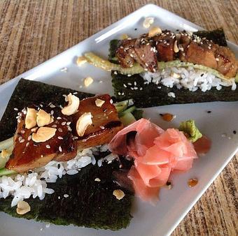 Product: Nori Sheets topped with suhi style rice, spicy soy glazed pork belly, cashews and sesame. - PUBlic House in Old Town Temecula - Temecula, CA American Restaurants