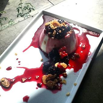 Product: Vanilla infused panna cotta topped with hibiscus reduction, almond brittle and macerated berries. - PUBlic House in Old Town Temecula - Temecula, CA American Restaurants