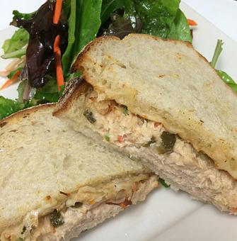Product: line-caught albacore tuna salad and provolone on sliced sourdough cheddar - Purple Onion Cafe in Downtown Los Gatos - Los Gatos, CA American Restaurants