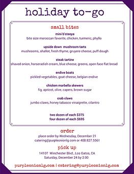 Product: Purple Onion Cafe 2016 Holiday To-Go Menu - Purple Onion Cafe in Los Gatos / Campbell border - Los Gatos, CA American Restaurants