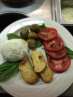 Product: Buffalo Mozzarella, Cracked Green Olives, Tomato - Rachel's Cafe in Syosset, NY American Restaurants