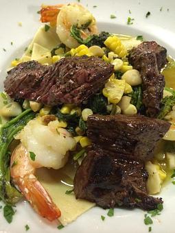 Product: Pasta with Steak & Shrimp, Broccoli Rabe & Corn - Rachel's Cafe in Syosset, NY American Restaurants
