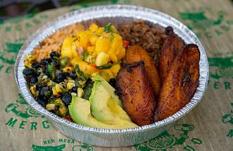 Product: PLANTAINS, BLACK BEAN CORN SALSA, RICE, AVOCADO SLICES, MANGO SALSA - Red Mesa Mercado in St. Petersburg, FL Mexican Restaurants