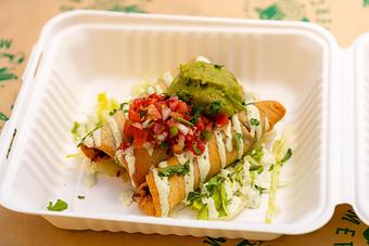 Product: THREE ROLLED TAQUITOS WITH GUACAMOLE, CILANTRO-ONION, CREMA, QUESO FRESCO - Red Mesa Mercado in St. Petersburg, FL Mexican Restaurants