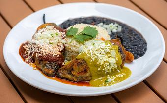 Product: Sirloin Picadillo Relleno with Chile verde. Jack Cheese Relleno with Salsa Roja Queso-fresco, cilantro-onion. Served with cilantro rice & black beans. - Red Mesa Restaurant in St Petersburg, FL Mexican Restaurants