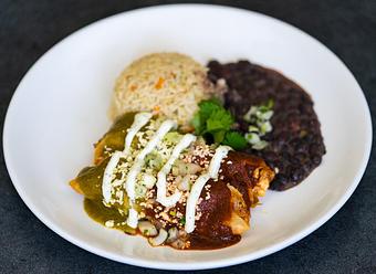Product: Poblano peppers, onions, salsa roja, salsa verde, queso fresco, cilantro-onion, crema. Cilantro rice & black beans. - Red Mesa Restaurant in St Petersburg, FL Mexican Restaurants