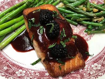 Product: Salmon filet with homemade blackberry BBQ sauce - Red Rocker Inn in Black Mountain, NC American Restaurants