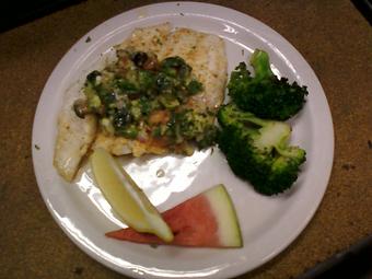 Product: Bass with Avocado Relish & Grilled Broccoli - Relish in Grinnell, IA American Restaurants