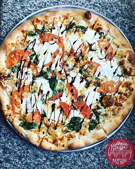 Product: Maria pizza white base, spinach, tomatoes, fresh mozzarella with a drizzle of balsamic glaze - Riverside Pizza in Philadelphia, PA Pizza Restaurant