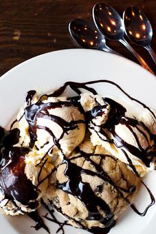 Product: a bowl of vanilla ice cream drizzled with chocolate sauce - RJ Grunts in Lincoln Park - Chicago, IL American Restaurants