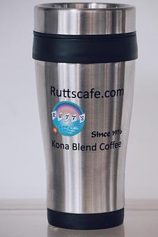 Product: Our new Stainless Steel Coffee Mugs, $1 Refills (for a limited time) - Rutt's Hawaiian Cafe in Los Angeles, CA American Restaurants
