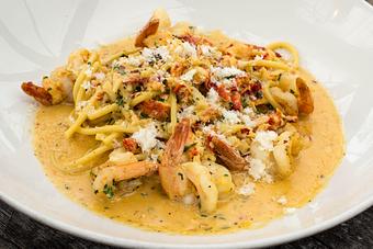 Product: Lobster and prawn bucatini - Salty's on Alki in Alki Beach, West Seattle - Seattle, WA American Restaurants