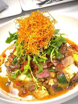 Product: Local Organic Roasted Vegetables, Arugula, Herbed Tomato Broth, Sprouted GF Cheesy Grits, Sweet Potato Hay - Savour in Tallahassee, FL American Restaurants