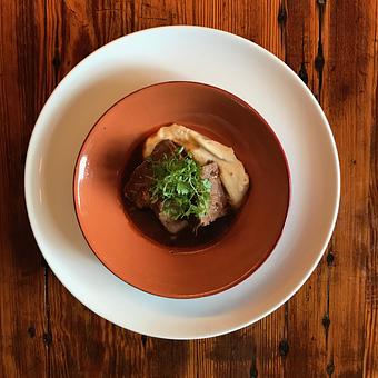 Product: Guazzetti: Braised Brisket—Carmelized onions, tomato, thyme, cumin, sherry vinegar ~ celery root spuma - Spiga Ristorante in Needham Heights, MA Italian Restaurants