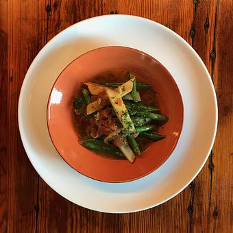 Product: Guazzetti: Green Beans—Yukon golds ~ onions ~ vine-ripe tomatoes ~ basil ~ smoked Vermont blue cheese - Spiga Ristorante in Needham Heights, MA Italian Restaurants