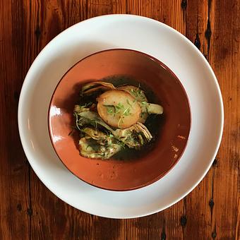 Product: Guazzetti: Roman Artichokes—Potatoes, shallots, mint ~ sun choke broth ~ ricotta salata - Spiga Ristorante in Needham Heights, MA Italian Restaurants