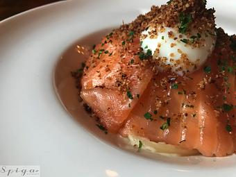 Product: House-cured smoked salmon ~ poached egg ~ Parmigiano-Reggiano crema ~ pancetta dust - Spiga Ristorante in Needham Heights, MA Italian Restaurants