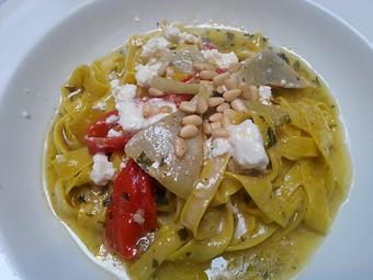 Product: Lemon Pasta: handmade fettucine with fresh artichokes, roasted sweet peppers, imported feta cheese and pine nuts - Stellina in Watertown, MA Italian Restaurants