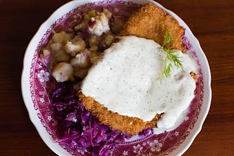 Product: Pork Schnitzel with Dill Creme Sauce - Stone Hill Winery - Restaurant in Hermann, Mo. - Hermann, MO German Restaurants