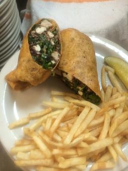 Product: Bog - Grilled chicken breast, wilted spinach, sun dried cranberries, toasted pecans, and feta cheese wrapped in a sun dried tomato tortilla - Sunflower Cafe in Charleston, SC American Restaurants Product: Bog - Grilled chicken breast, wilted spinach, sun dried cranberries, toasted pecans, and feta cheese wrapped in a sun dried tomato tortilla - Sunflower Cafe in Charleston, SC American Restaurants