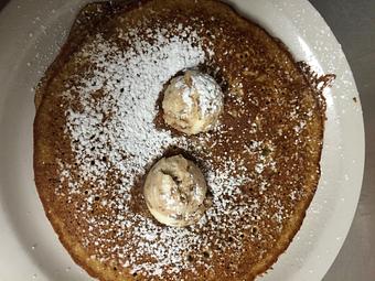 Product: Sweet Potato Pancakes topped with toasted pecan butter and dusted with powdered sugar - Sunflower Cafe in Charleston, SC American Restaurants Product: Sweet Potato Pancakes topped with toasted pecan butter and dusted with powdered sugar - Sunflower Cafe in Charleston, SC American Restaurants