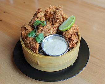 Product: with a nod to japanese karaage, we take juicy, marinated chicken thighs and toss in a breading seasoned by our signature S+P. homemade lime kosho aioli served on the side - Sushi San - Reservations in River North - Chicago, IL Japanese Restaurants
