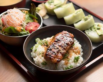 Product: faroe island salmon is marinated with sake, miso and mirin, skewered and grilled over binchotan charcoal. finished with sesame seeds and lime - Sushi San - Reservations in River North - Chicago, IL Japanese Restaurants