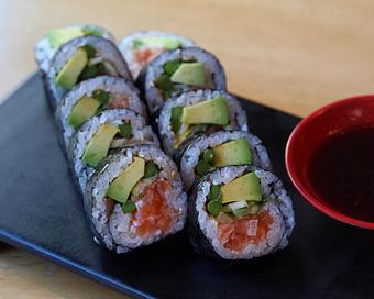 Product: faroe island salmon is rolled with asparagus, mild meyer lemon, and avocado. served with side of wasabi soy. available in 5 or 10 pieces. - Sushi San - Reservations in River North - Chicago, IL Japanese Restaurants