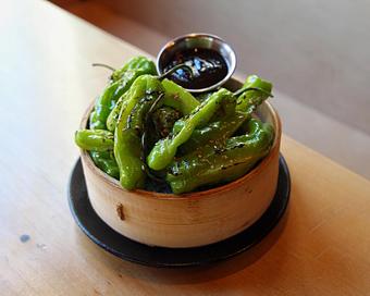 Product: shishito peppers are blistered, dusted with sesame seeds, and served with a side of sweet and savory black garlic miso. - Sushi San - Reservations in River North - Chicago, IL Japanese Restaurants